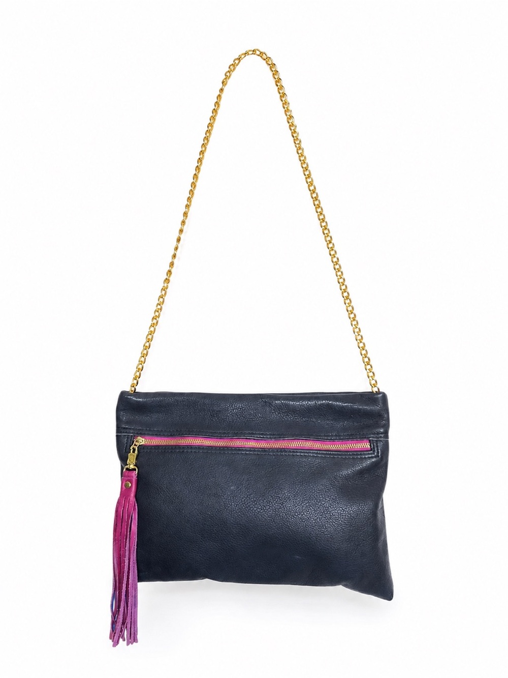 M. Andonia Los Angeles Navy Leather Gold Chain Shoulder Bag Fuchsia Tassel